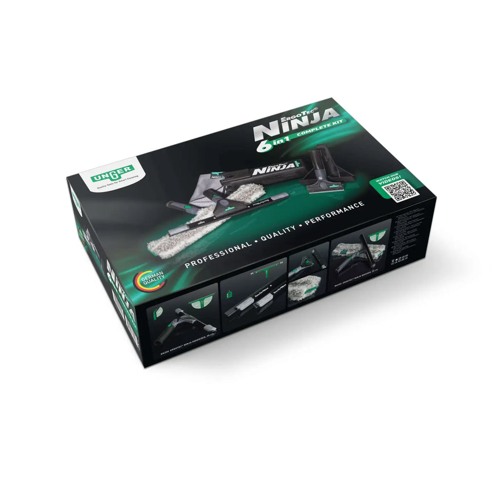 Schwarzes und grünes unger ergotec ninja 6in1 complete kit mit fensterreinigungsset im karton mit sichtfenster