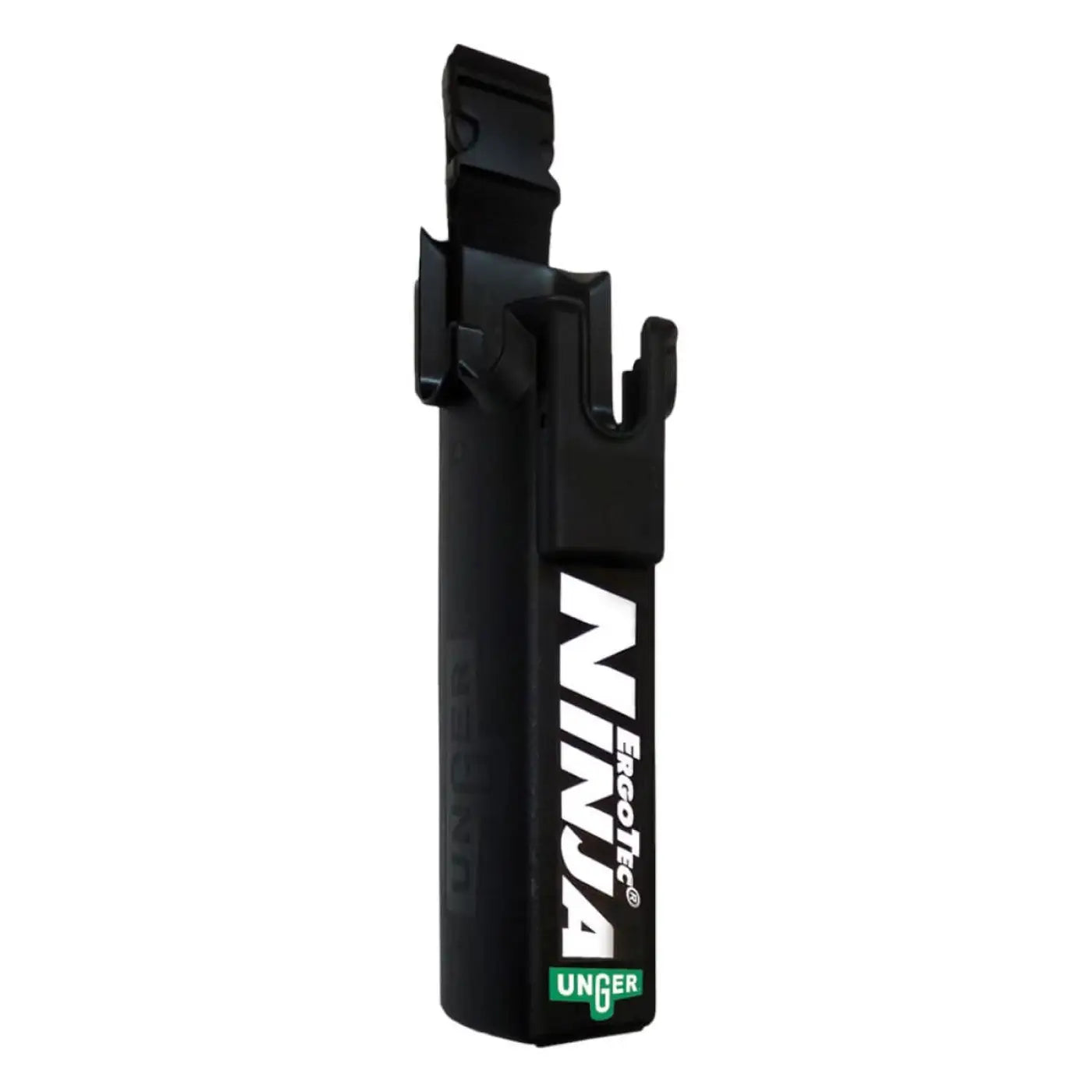 Schwarzer plastik ninja ergotec clip mit grün weißem logo am unger ergotec ninja eimerköcher bb010