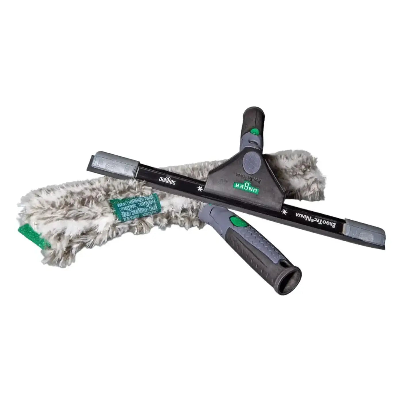 Unger ergotec ninja fensterputzer-tool in grau und grün mit mikrofaser-kopf für streifenfreie reinigung