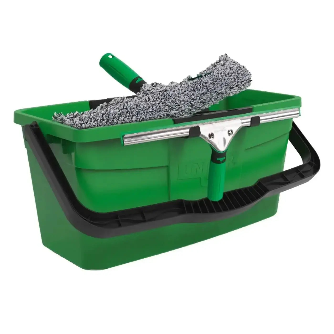 Grüner plastik-eimer mit schwarzem griff und metall-wischerhalter mit grauem mikrofaser-wischkopf im unger ergotec profi glasreinigungsset ak013