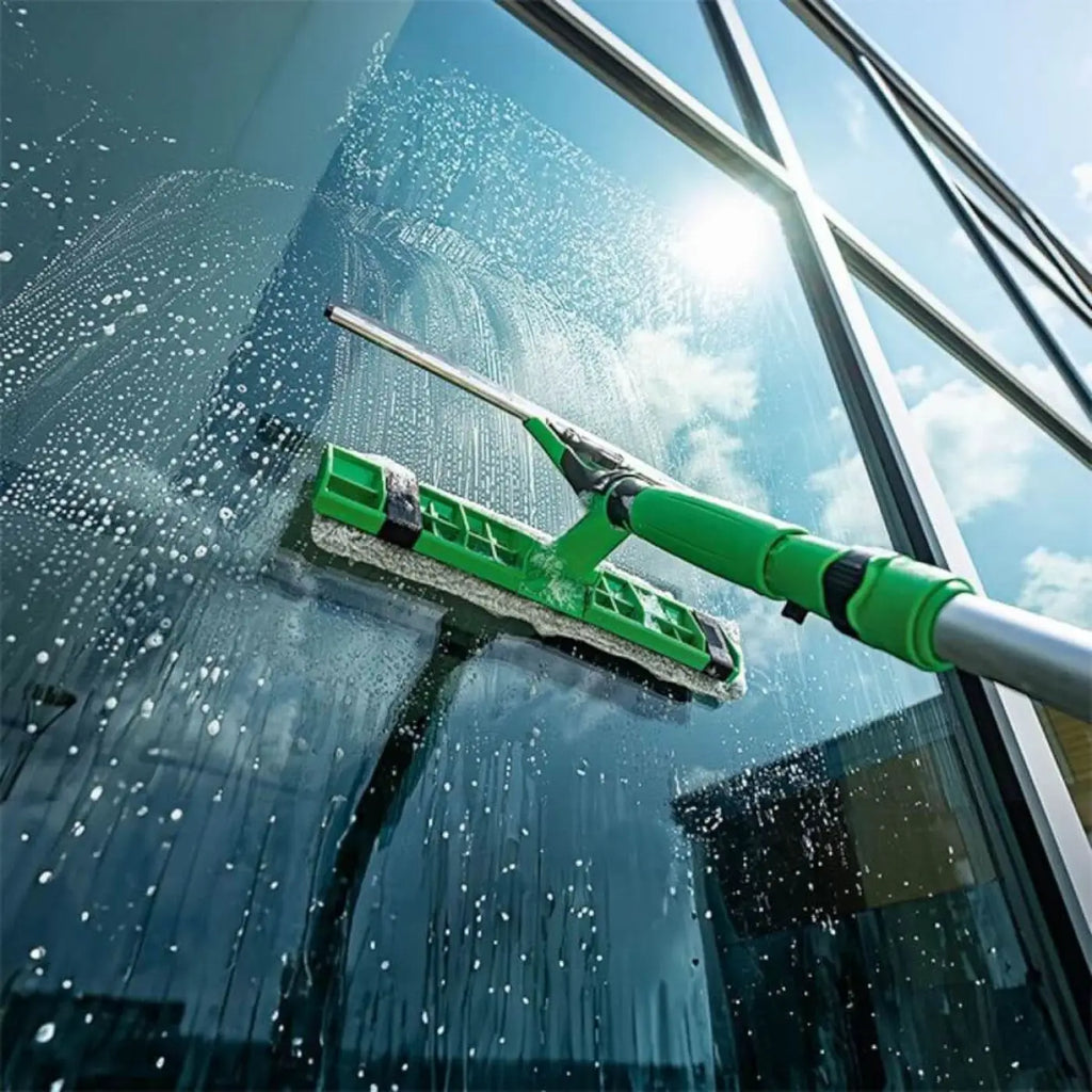 Grüner plastik-schwamm mit silbernem metallgriff und schwarzem gummigriff für ungger fensterreinigungs-set arbeitshöhe 3m ak131