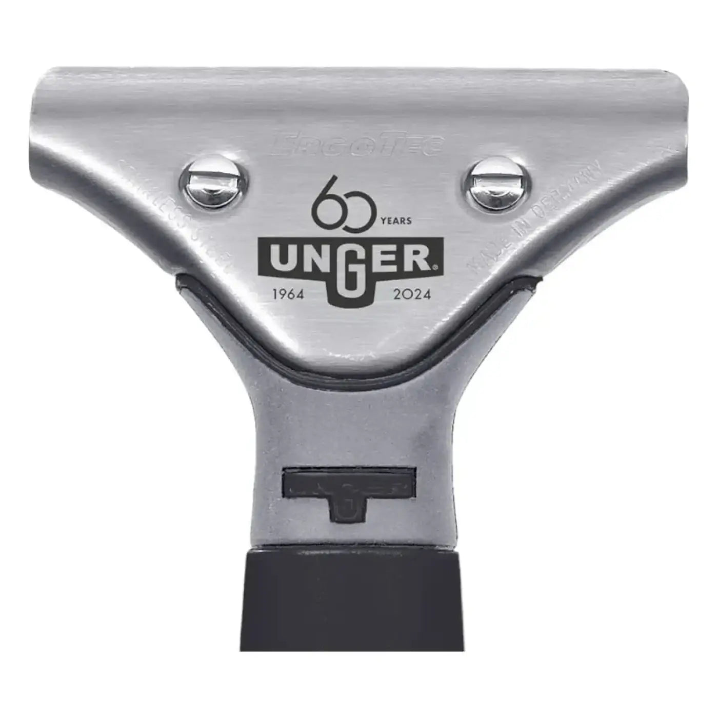 Silberner unger squeegee kopf zum 60 jahre jubiläum mit schwarzer gummikante und basis im unger glasreiniger set ak60y