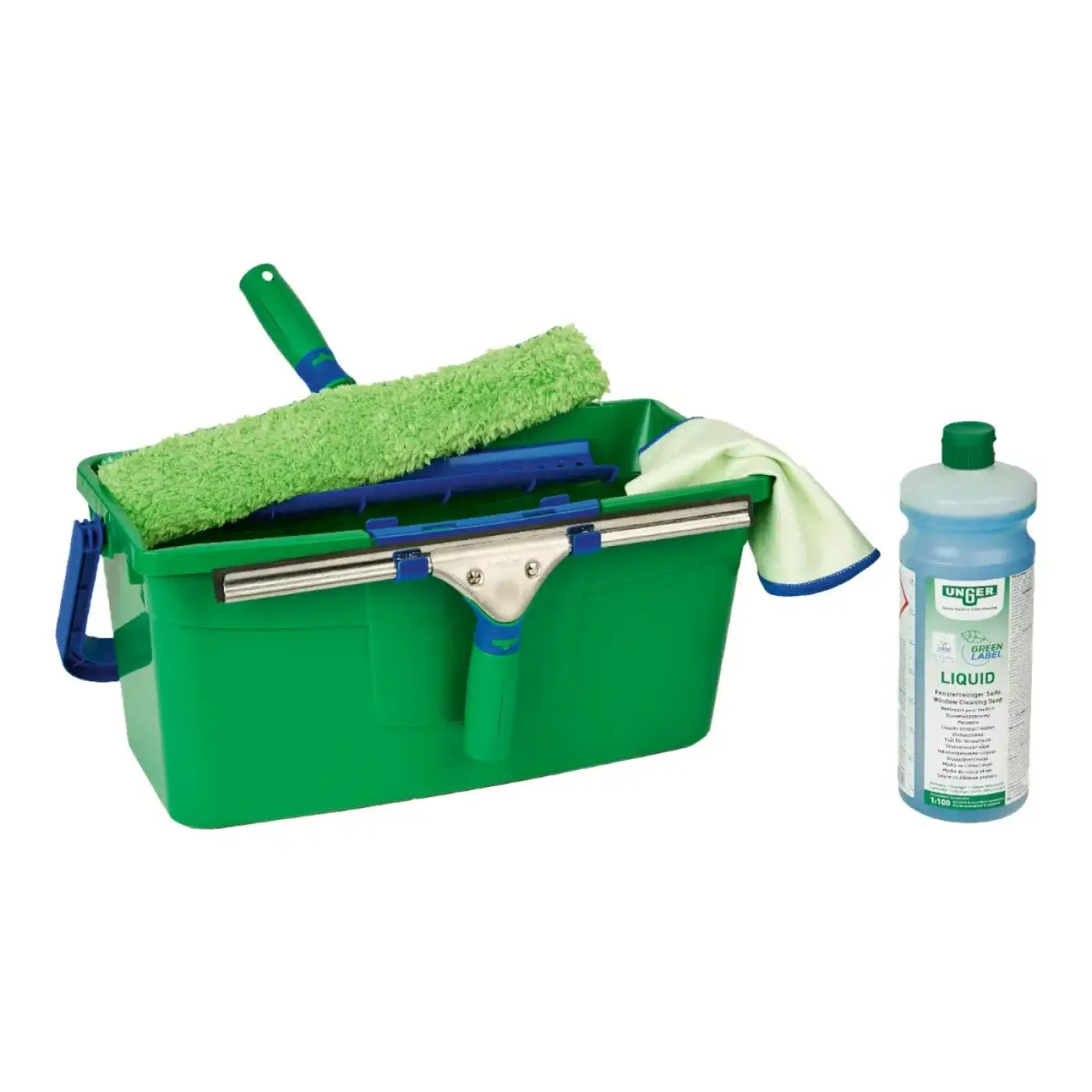 Unger greenlabel fensterreinigungs-set gtk35 mit grünem kunststoff-abzieher, blauem griff und silbernem metallrahmen im grünen eimer