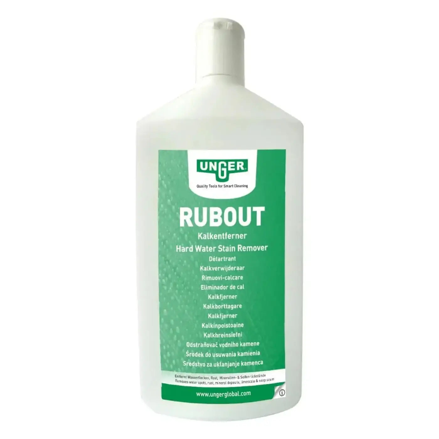 Weiße plastikflasche von unger rub out kalkentferner 500ml mit grünem etikett und weißem deckel