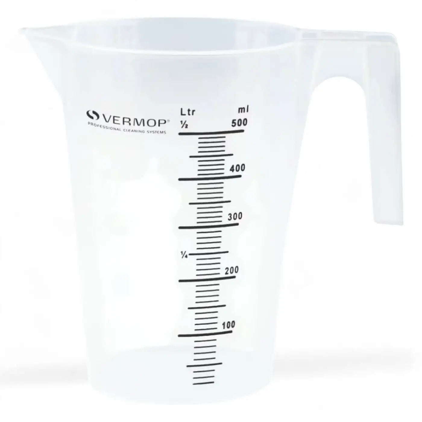 Transparenter plastik messbecher mit schwarzen messmarkierungen und griff von vermop professional cleaning systems
