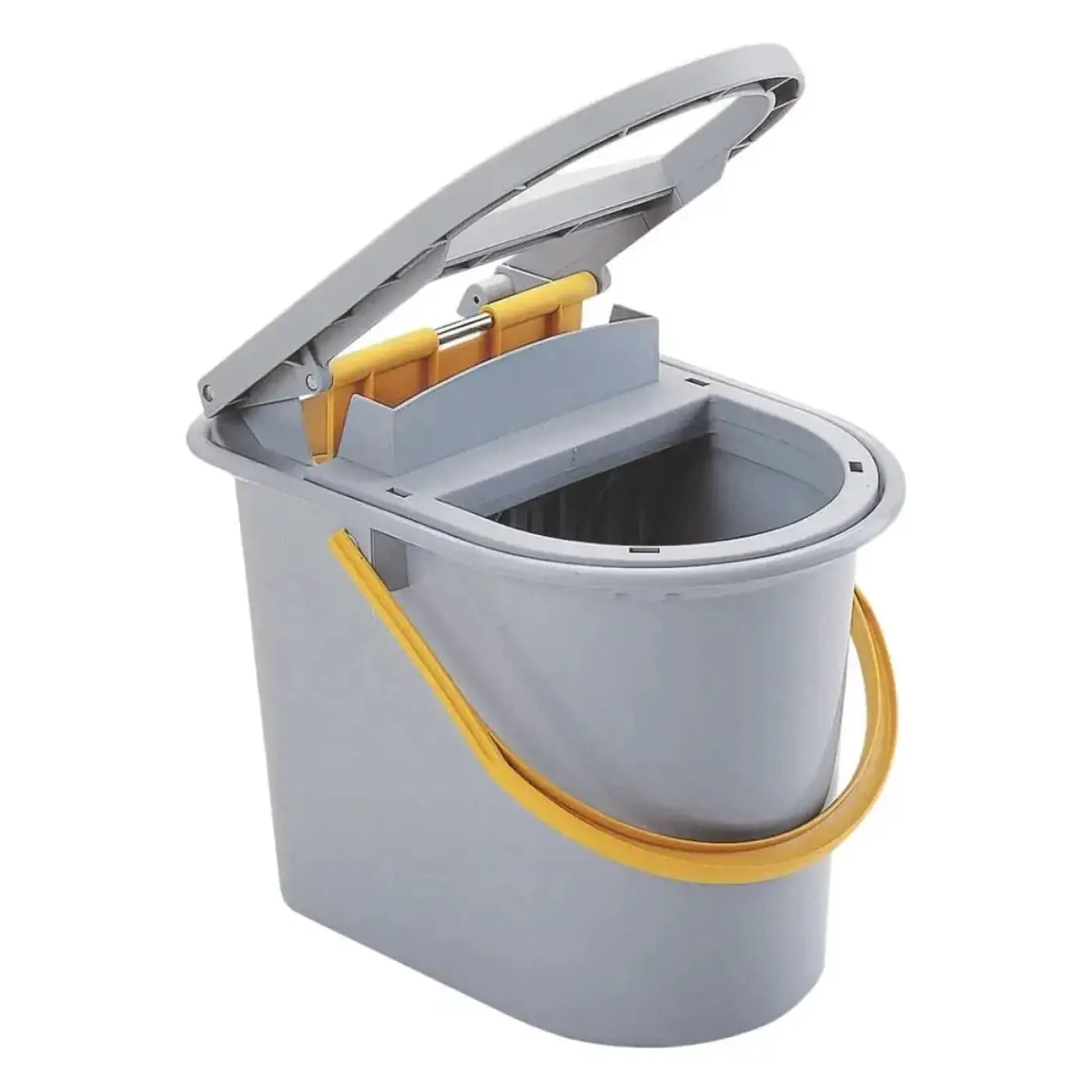 Grauer kunststoffeimer vermop wringboy mit gelbem griff und passenden gelben innenkomponenten