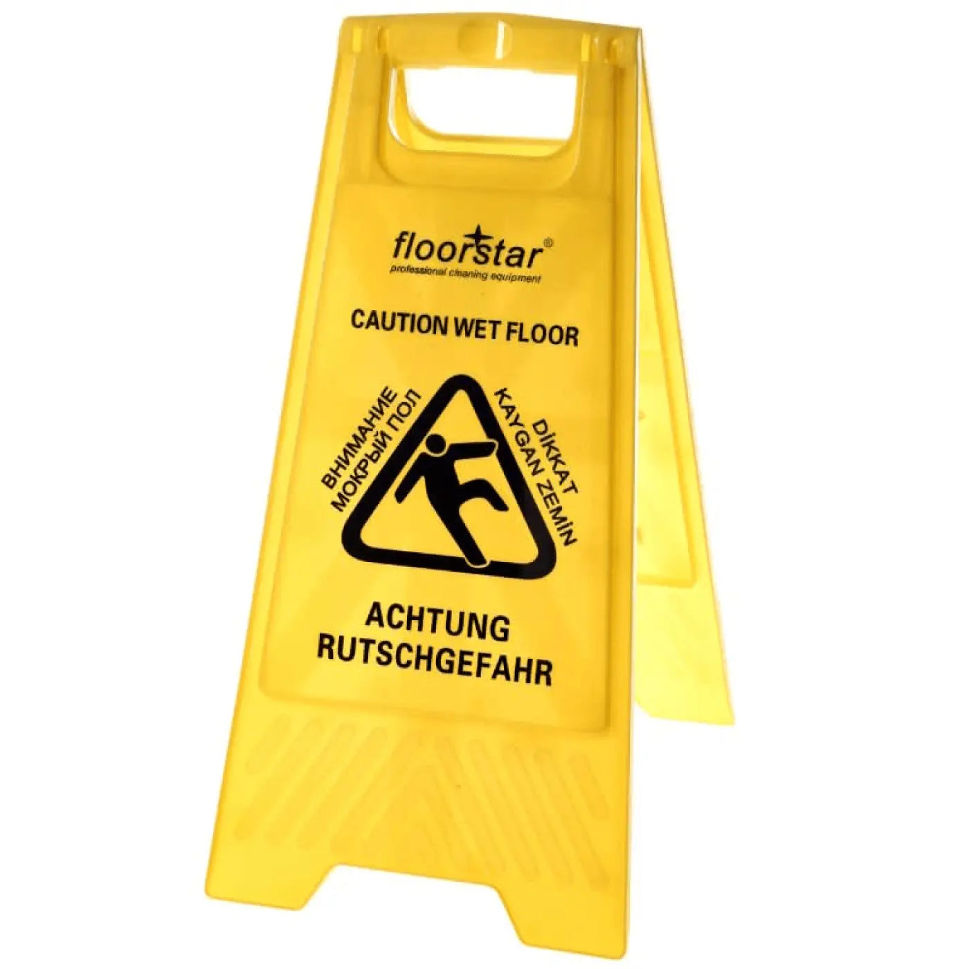 Gelbes kunststoff a-rahmen warnschild mit schwarzem text und rutschgefahr symbol von floorstar für professionelle reinigung