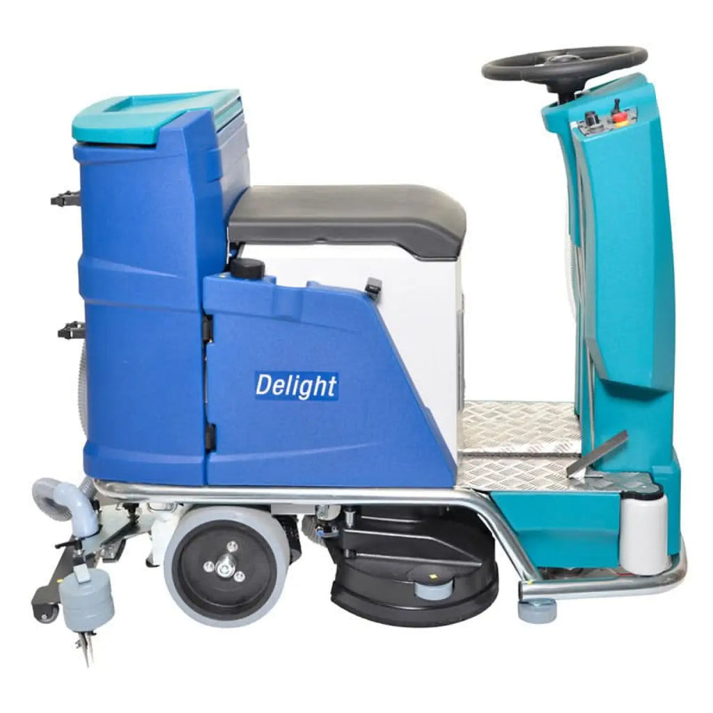 Wetrok drivematic delight dosing scheuersaugmaschine mit blauem und türkisfarbenem design, schwarz lenkrad und grauem sitz