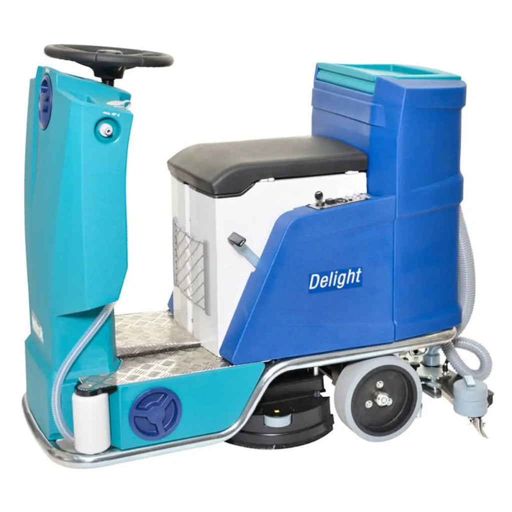 Blau und türkisfarbene Wetrok Drivematic Delight dosierscheuersaugmaschine mit schwarzem sitz, silbernem metallrahmen und gummirädern