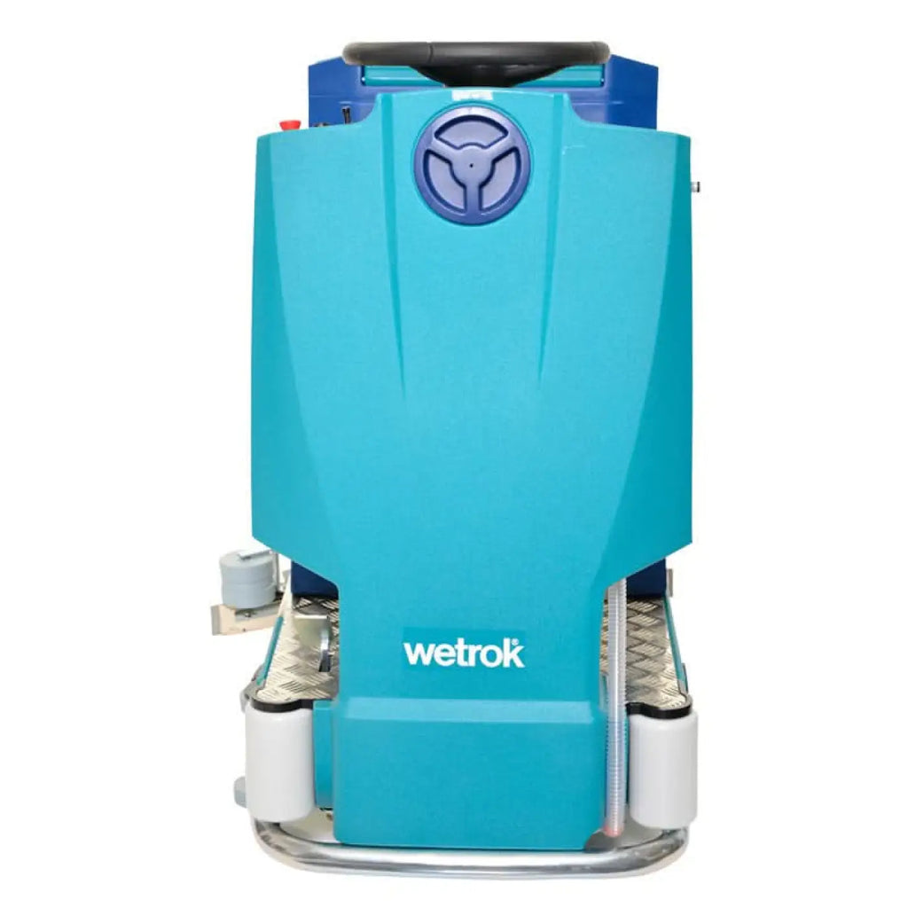 Wetrok drivematic delight dosing scheuersaugmaschine in türkisblau mit schwarzem griff und silberner metallbasis