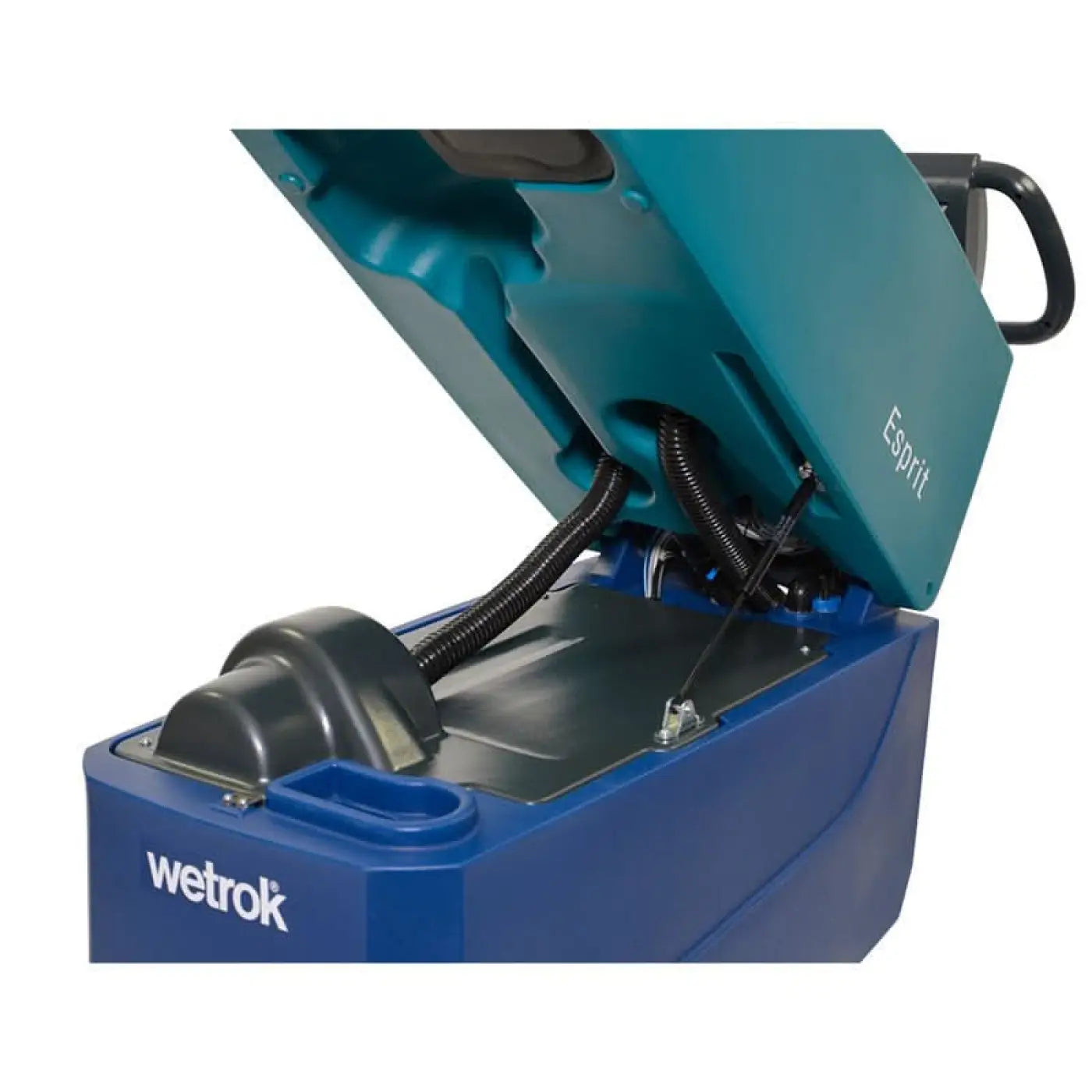 Teal und blaue wetrok esprit duomatic reinigungsmaschine mit klappbarem deckel und sichtbaren inneren komponenten