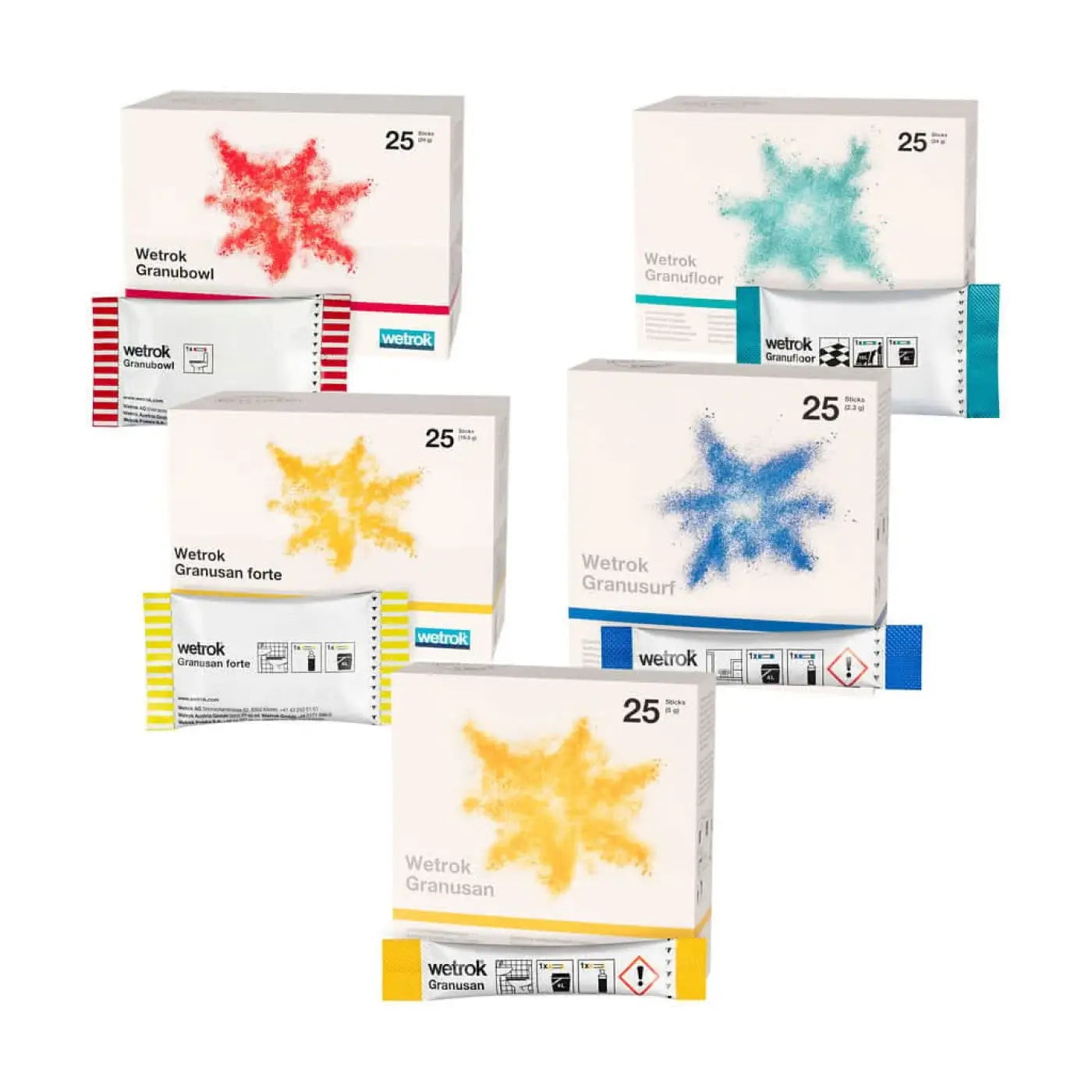 Weiße kartonverpackungen mit bunten sternmuster in rot gelb blau und türkis, etikettiert mit wetrok und 25 gramm granulat für wetrok granubowl wc-reiniger sticks