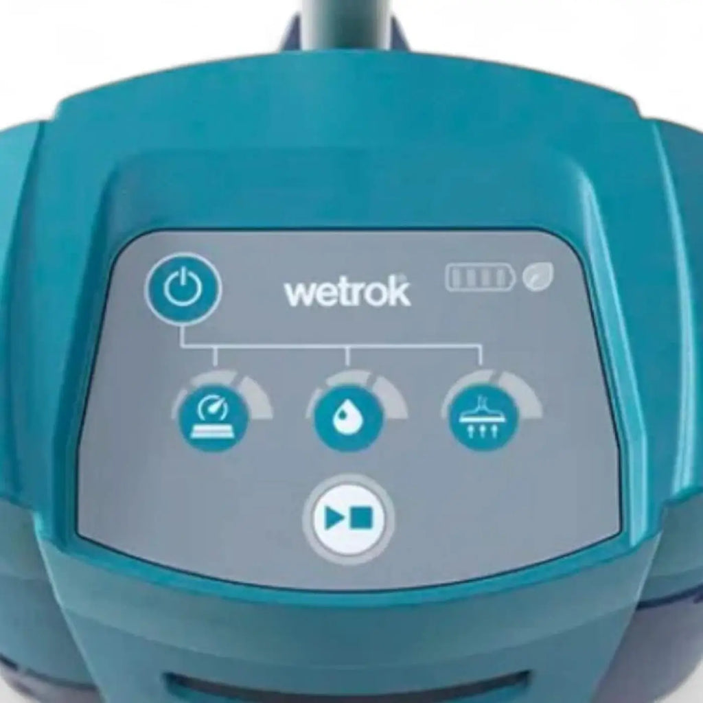 Tealfarbener wetrok spin befreet kabelloser bodenreiniger mit grauem bedienfeld und power mode und abspielknöpfen