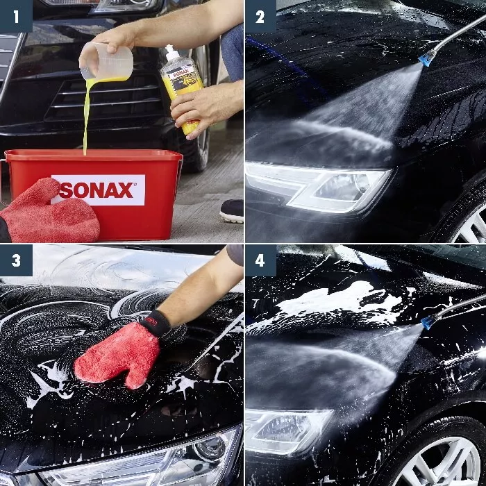 Sonax Wasch + Wax 1 Liter Autopflege Autoshampoo Schritt für Schritt